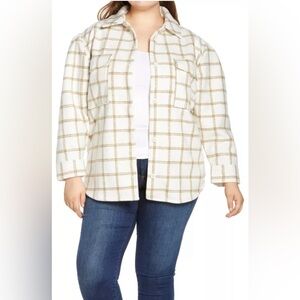NWT$129 Treasure Bond Womens Plaid Puff Sleeve Shirt Jacket Ivory Carsonpane XL